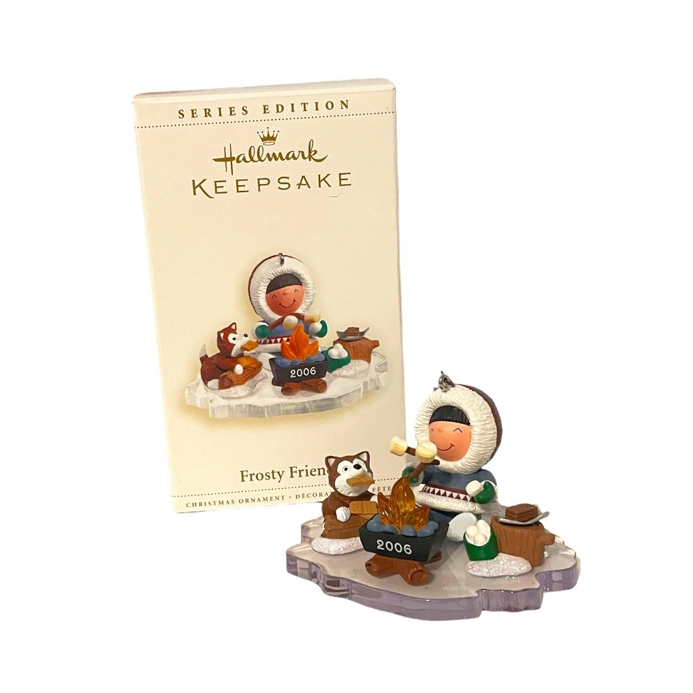 Hallmark Keepsake Christmas Ornament Frosty Friends 2006 Eskimo, Dog & Campfire